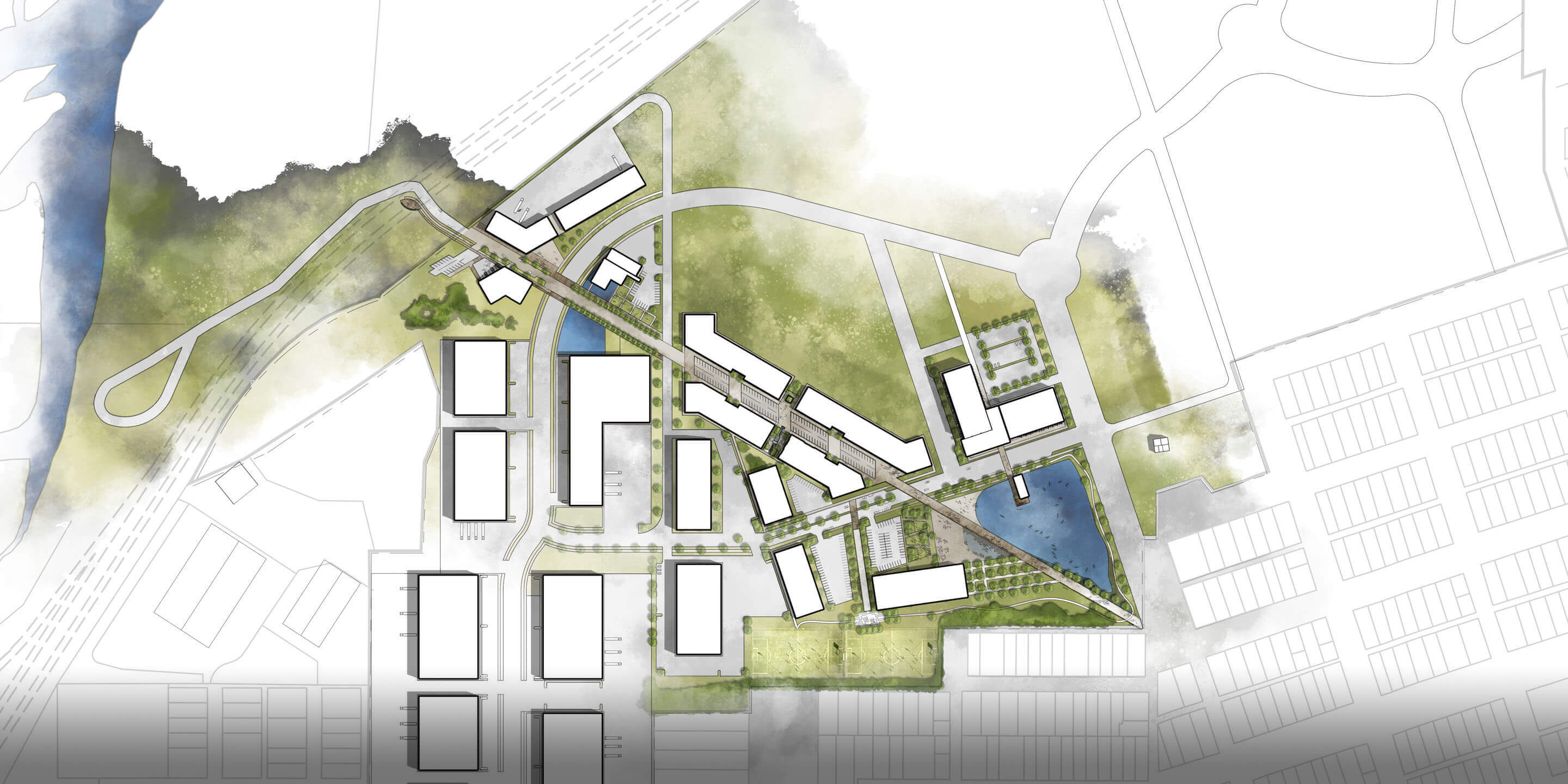 A rendering of people on a boardwalk, overlooking a plaza fountain and a renovated mill building in the background.
