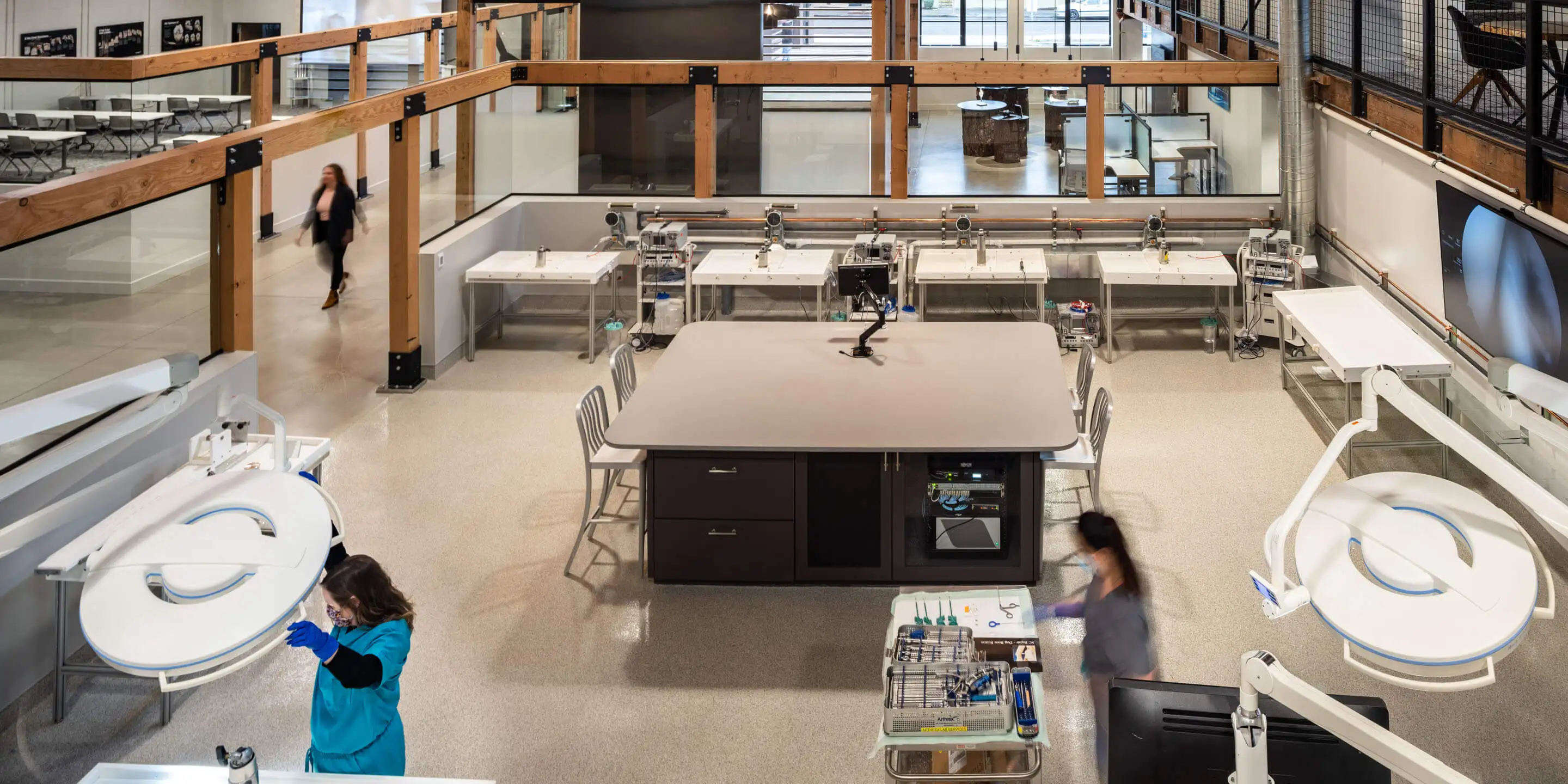 Healthcare learning environment with extensive wood elements.
