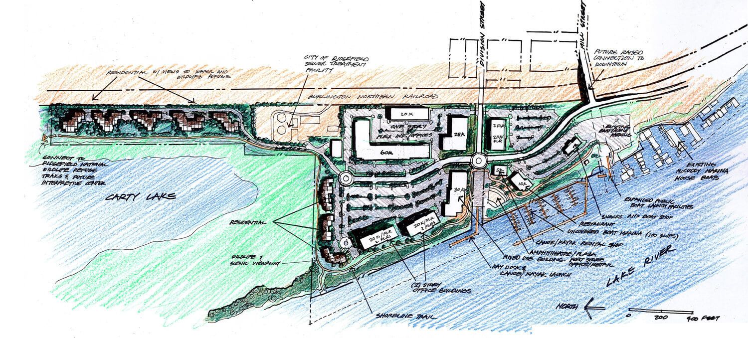 A colored pencil rendering of the Millers Landing master plan