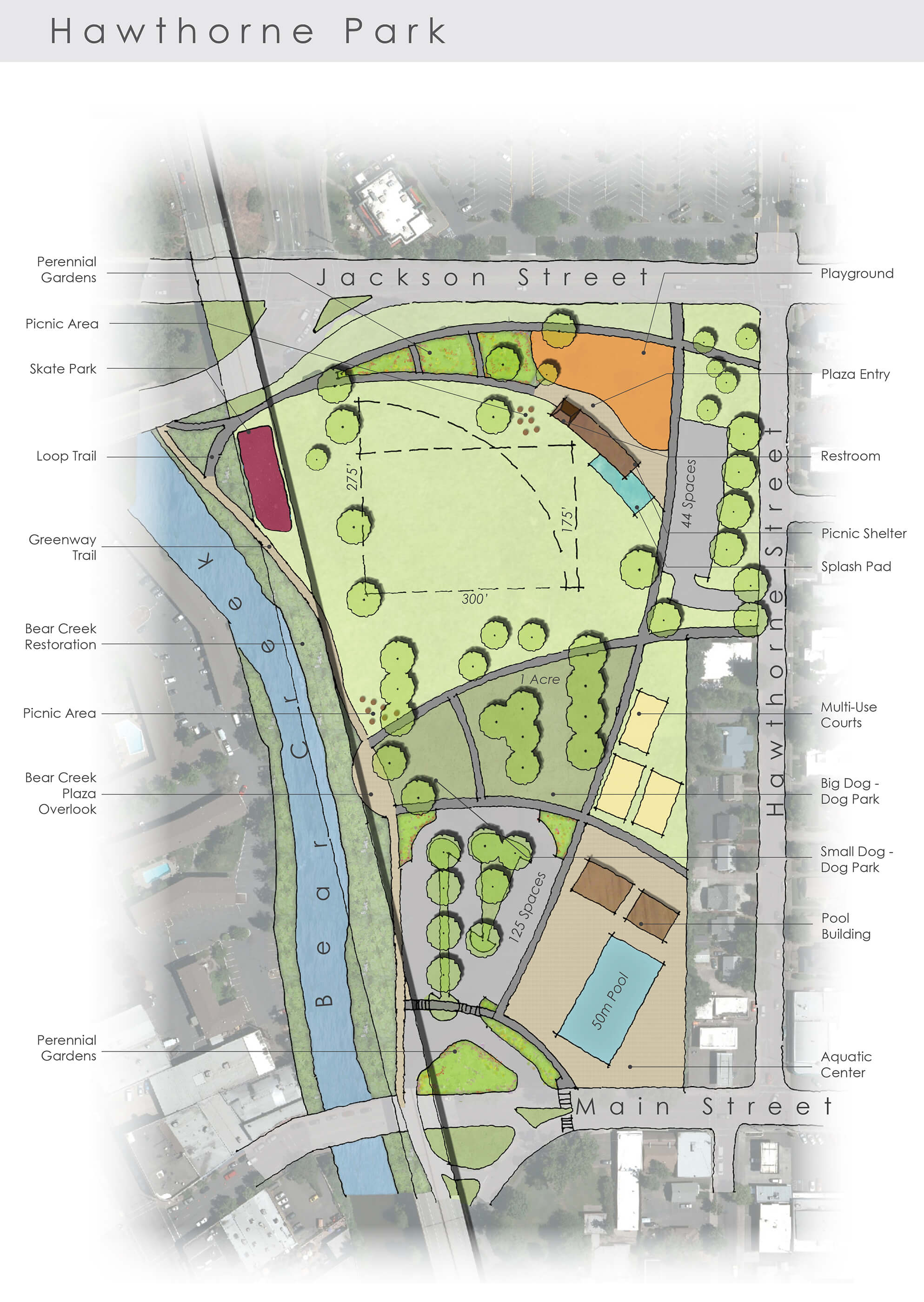 Hawthorne Park Master Plan showing where different park features might be placed