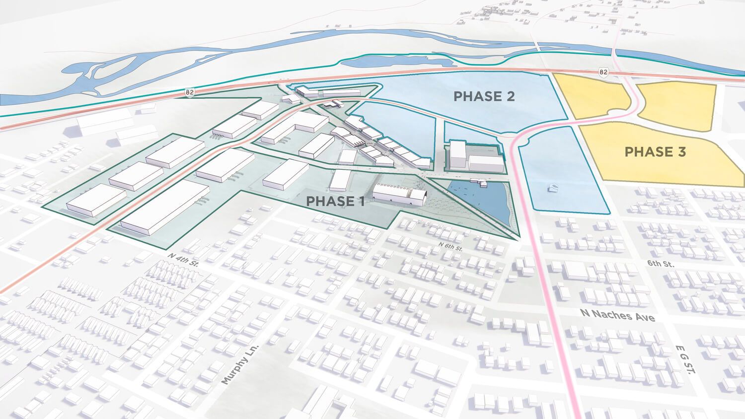 Cascade Mills Master Plan, Yakima, Washington, showing which areas will be developed in each phase