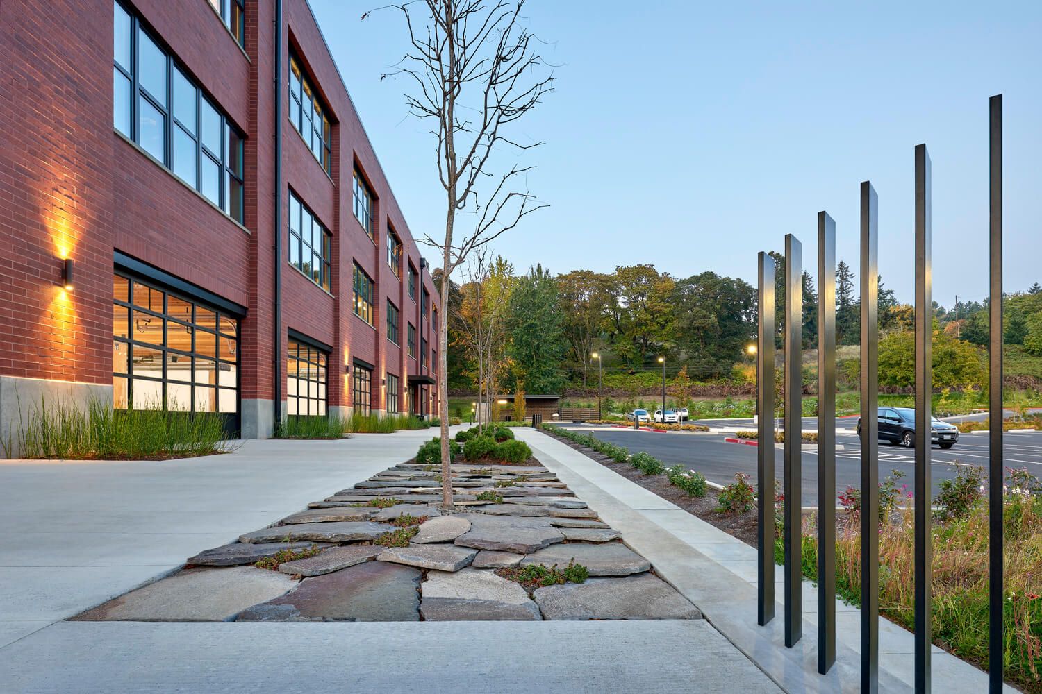 Quad building landscaping and pathway.