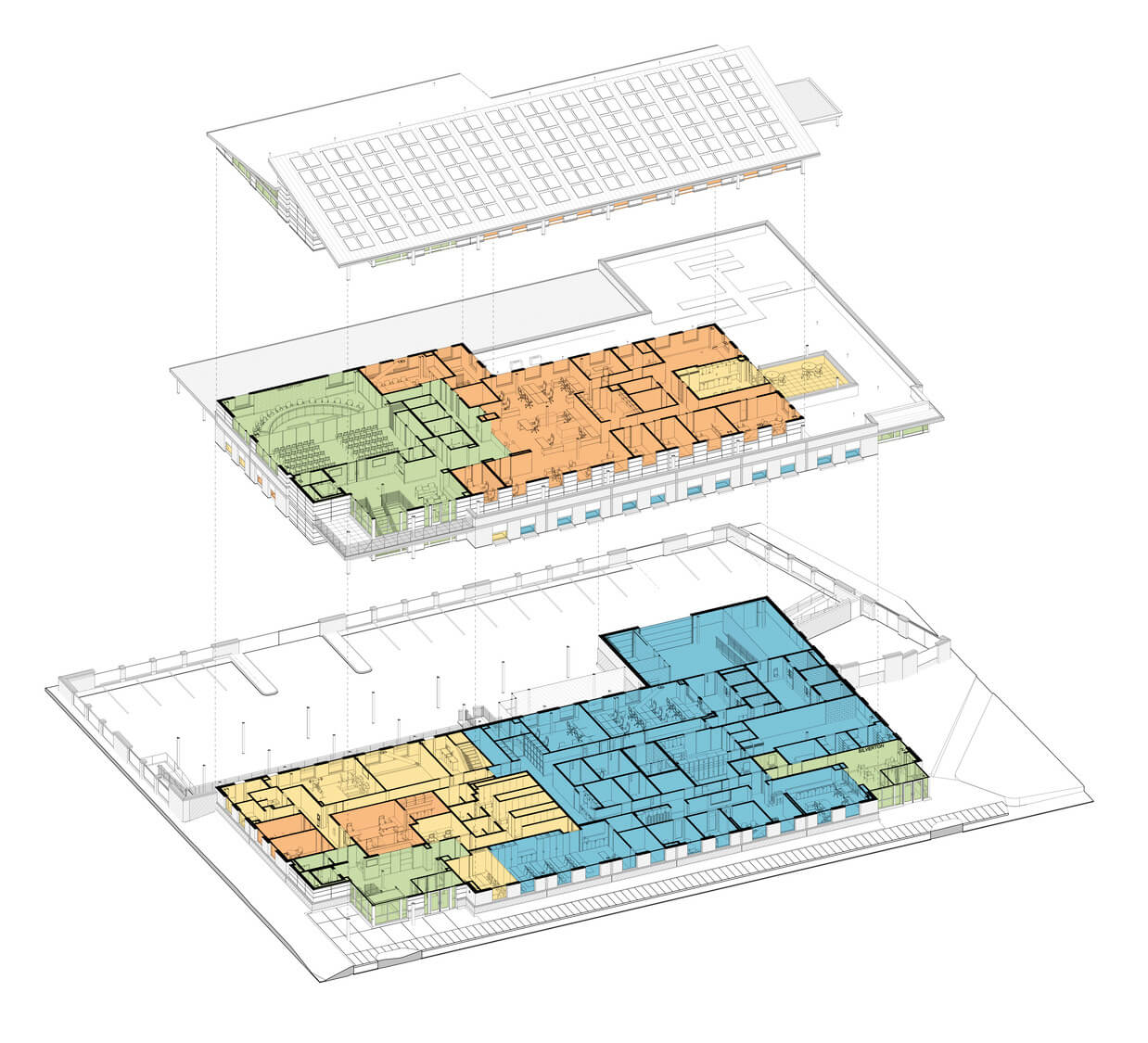 An exploded axonometric drawing of the Silverton Civic Center