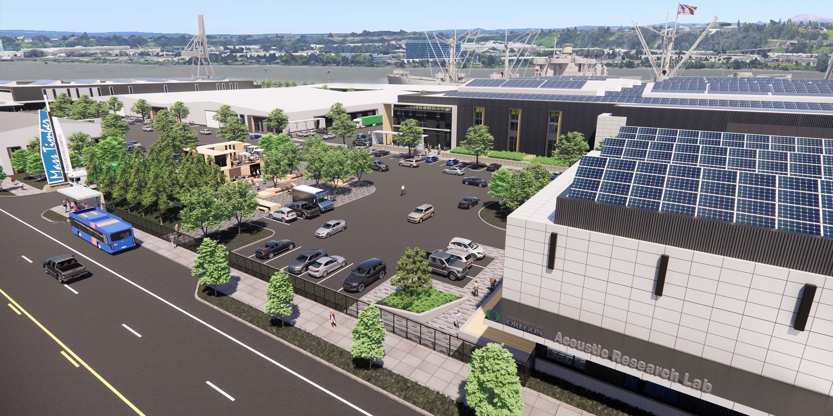 Aerial rendering of mass timber manufacturing campus with shipping in background